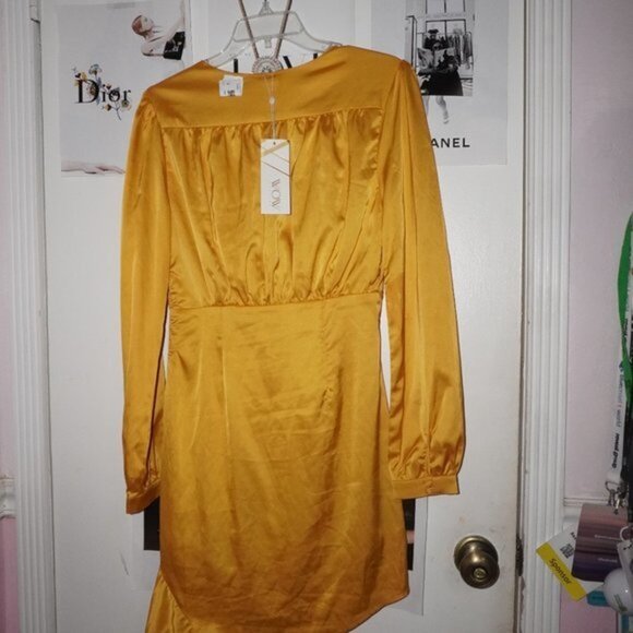 NWT Marie Satin Gold Ruffle Formal Midi Dress - Picture 8 of 10